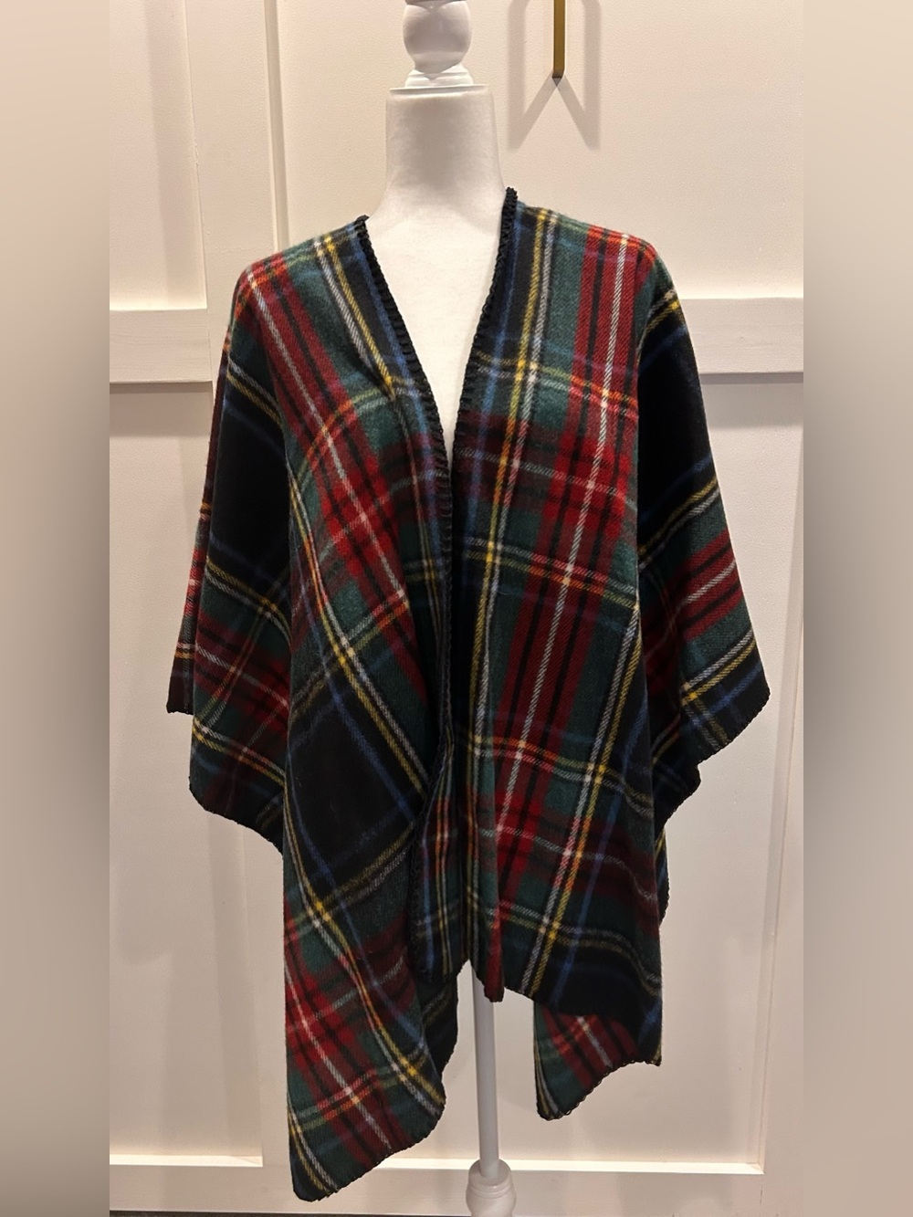 Woodstock Plaid Open-Front Poncho in Red & Green